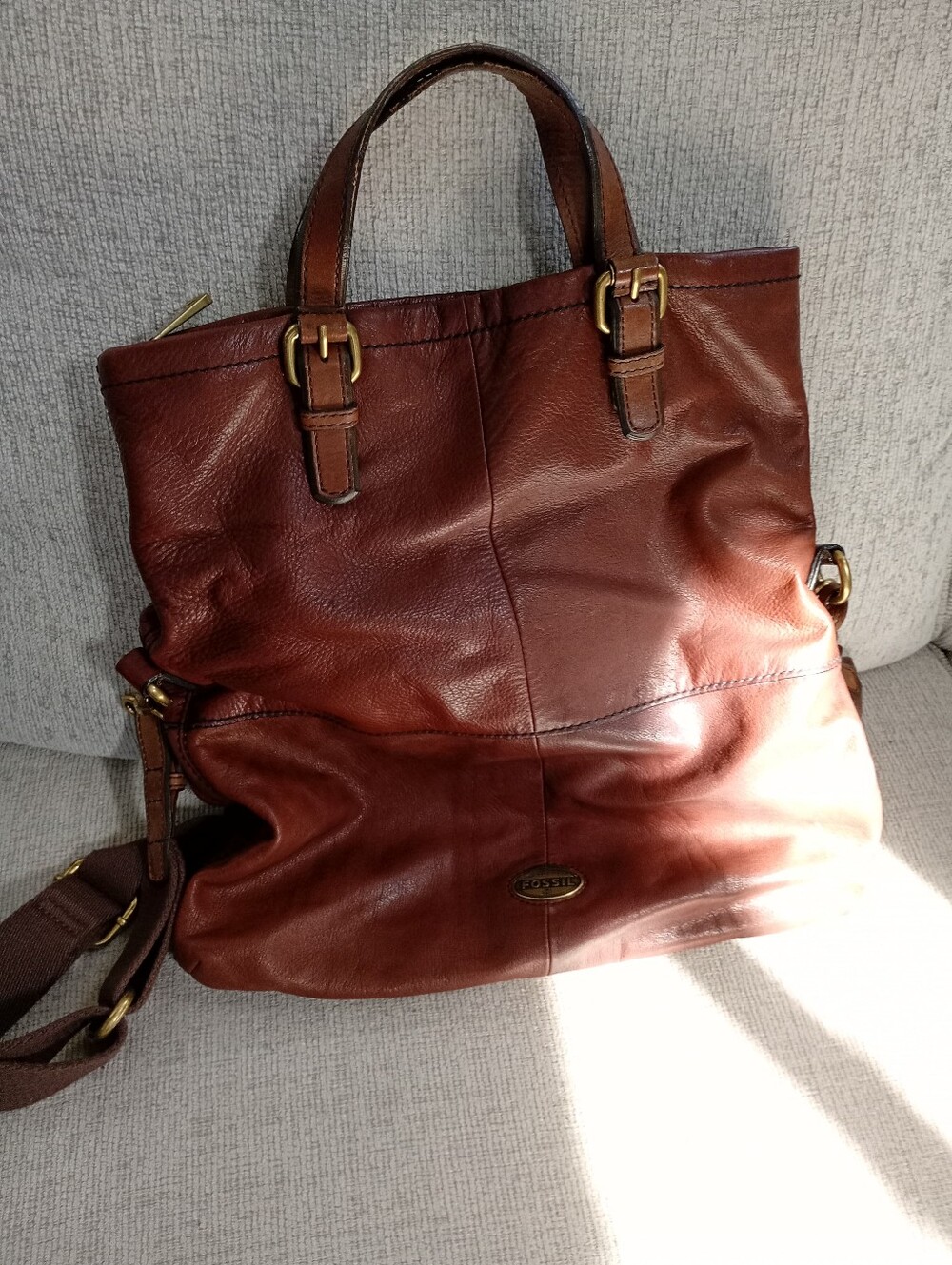 Fossil ~Rich Chestnut Brown Leather Large Multi Pocket Tote With Fossil Key!
